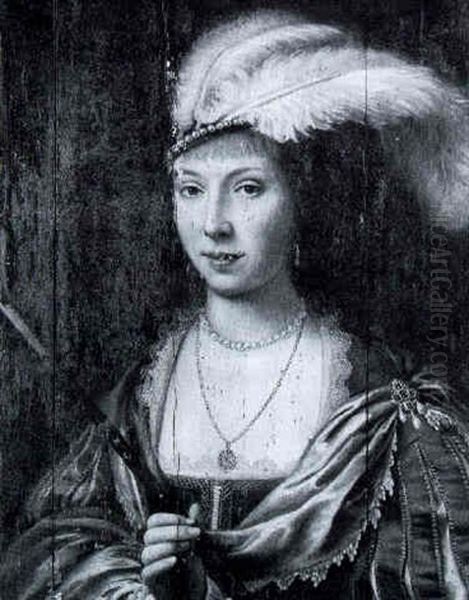 Portrait Of A Lady Wearing A Feathered Headdress Oil Painting by Dirck Dircksz van Santvoort