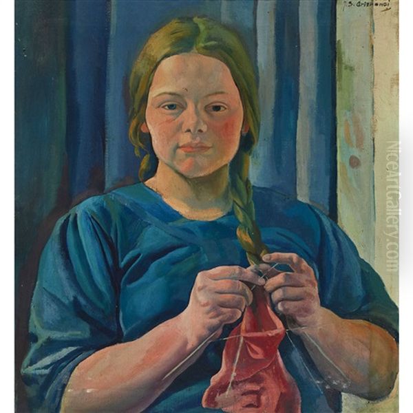 Strickendes Madchen Oil Painting by Jose Sanz Arizmendi