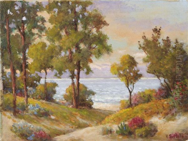 Seascape; Flowering Hills; Desert With Purple Hills; Desert With Cactus, Mountain Road (4 Works) Oil Painting by Herbert Sartelle