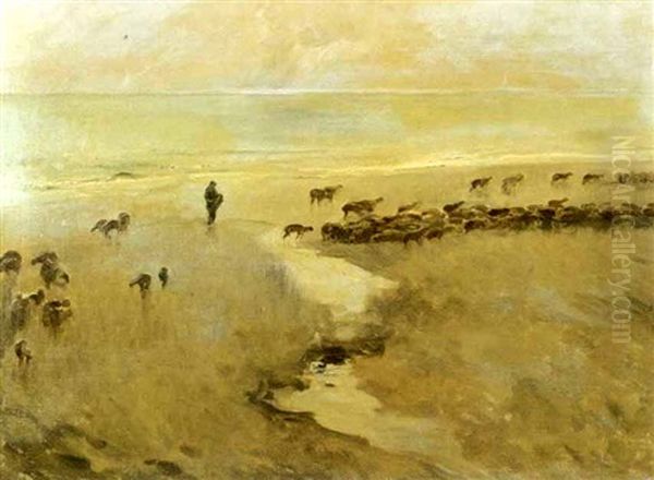 Pastore E Gregge Sulla Spiaggia Oil Painting by Giulio Aristide Sartorio