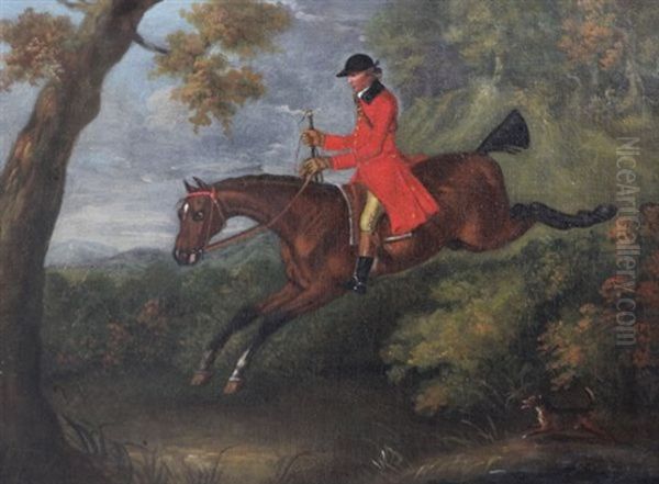 Huntsmen Taking A Fence And In Woodland (pair) Oil Painting by Francis Sartorius