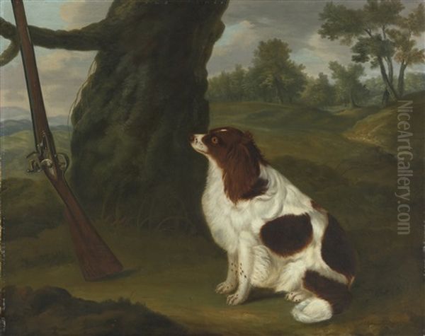 A Spaniel And A Flintlock Shotgun In A Landscape Oil Painting by Francis Sartorius