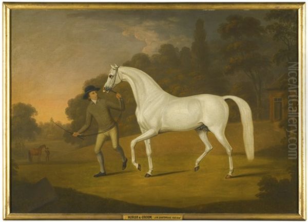 James Hugh Smith-barry's Grey Stallion Being Led By A Groom In The Park At Marbury Oil Painting by Francis Sartorius
