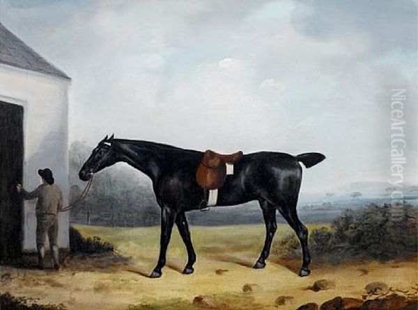 A Dark Bay Hunter With A Groom In A Landscape Oil Painting by Francis Sartorius