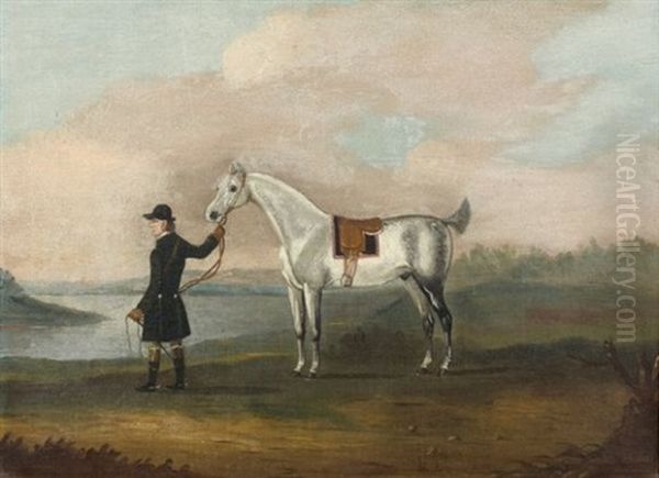 A Grey Hunter Held By His Groom In A Landscape Oil Painting by Francis Sartorius