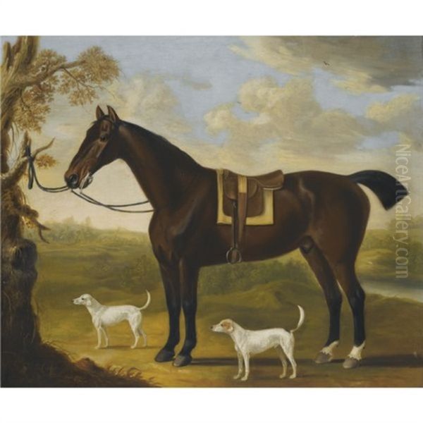 Portrait Of A Bay Hunter And Hounds In A Landscape Oil Painting by Francis Sartorius
