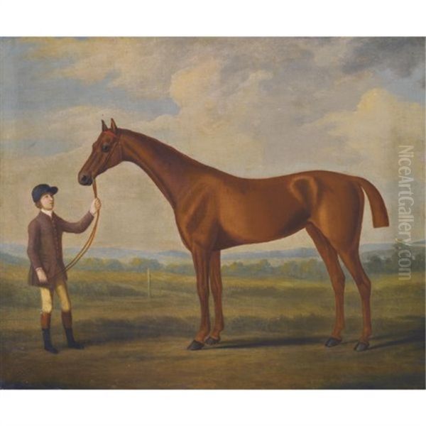 A Chestnut Racehorse Held By A Stable Boy In A Landscape Oil Painting by Francis Sartorius