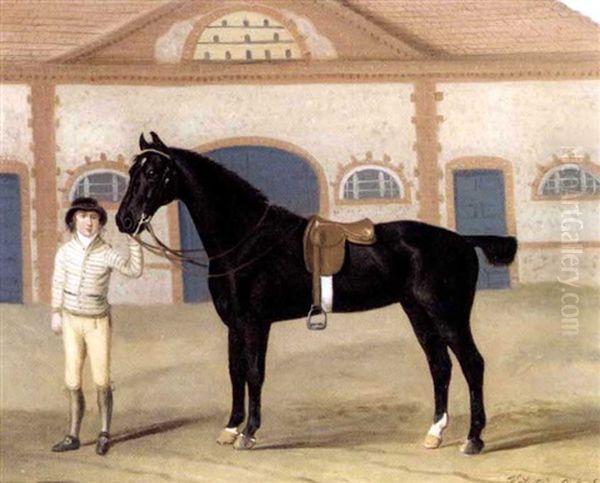 A Dark Bay Hunter Held By A Groom In A Stable Yard Oil Painting by Francis Sartorius