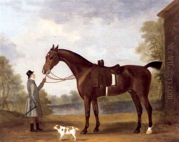 A Groom Holding A Bay Hunter Near A Lake Oil Painting by Francis Sartorius