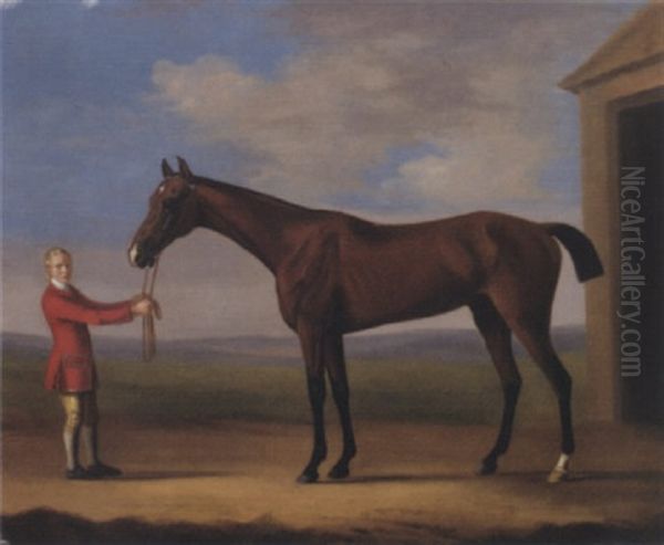 Sir Patrick Blake's Sir Anthony Held By A Groom By A Stable In A Landscape Oil Painting by Francis Sartorius