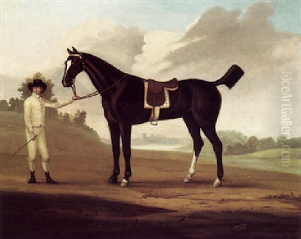 Firetail, A Bay Hunter Held By A Groom In A Landscape Oil Painting by Francis Sartorius
