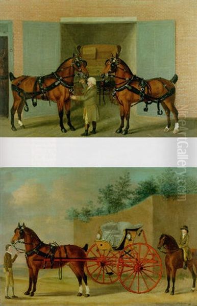 Harnessed Carriage Horses With A Groom Outside A Coachhouse Oil Painting by Francis Sartorius