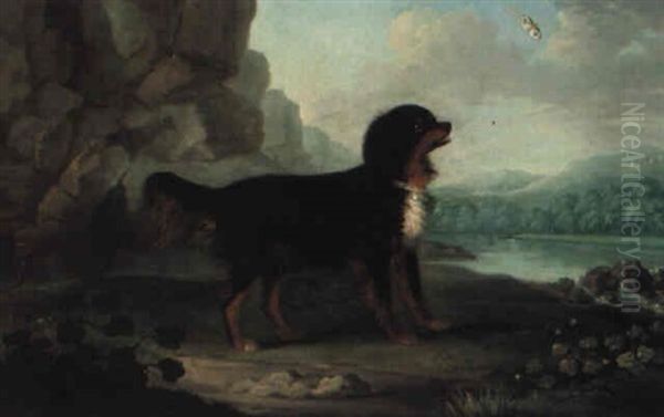 Favourite Dog In Landscape With Butterfly Oil Painting by Francis Sartorius
