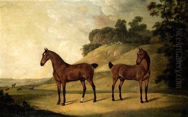 Two Bay Carriage Horses, The Property Of John Ashton Of     Woolton Hall, Liverpool, Lancashire Oil Painting by Francis Sartorius