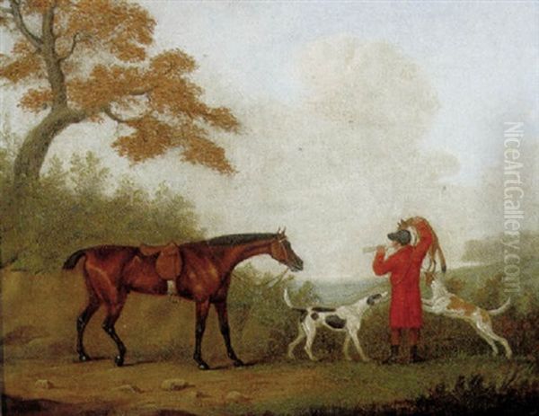 Jagtscene Med Hest Og Hunde Samt Rytter Med Raev Og Jagthorn Oil Painting by John Nost Sartorius