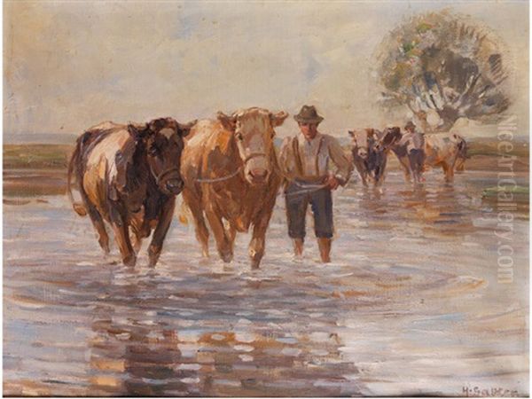 Bauer Mit Ochsen Am Wasser Oil Painting by Hermann Sattler