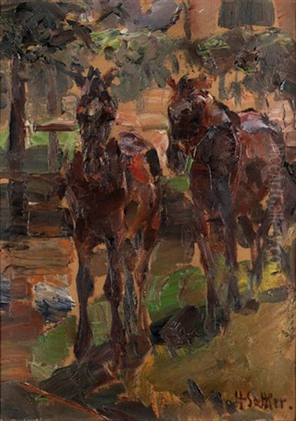 Zwei Pferde Im Gegenlicht Oil Painting by Hermann Sattler