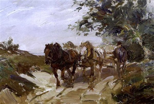 A Man Leading Cart Horses Oil Painting by Hermann Sattler