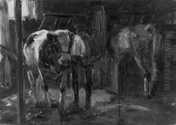 Stallinneres Mit Bauer Oil Painting by Hermann Sattler