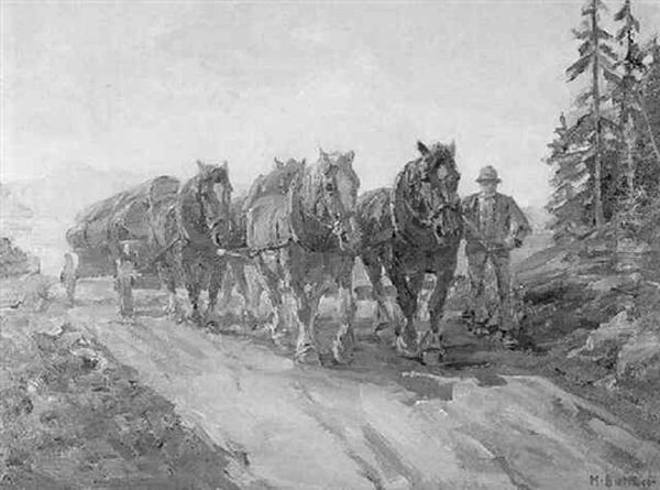 Vierspanniges Holzfuhrwerk Oil Painting by Hermann Sattler