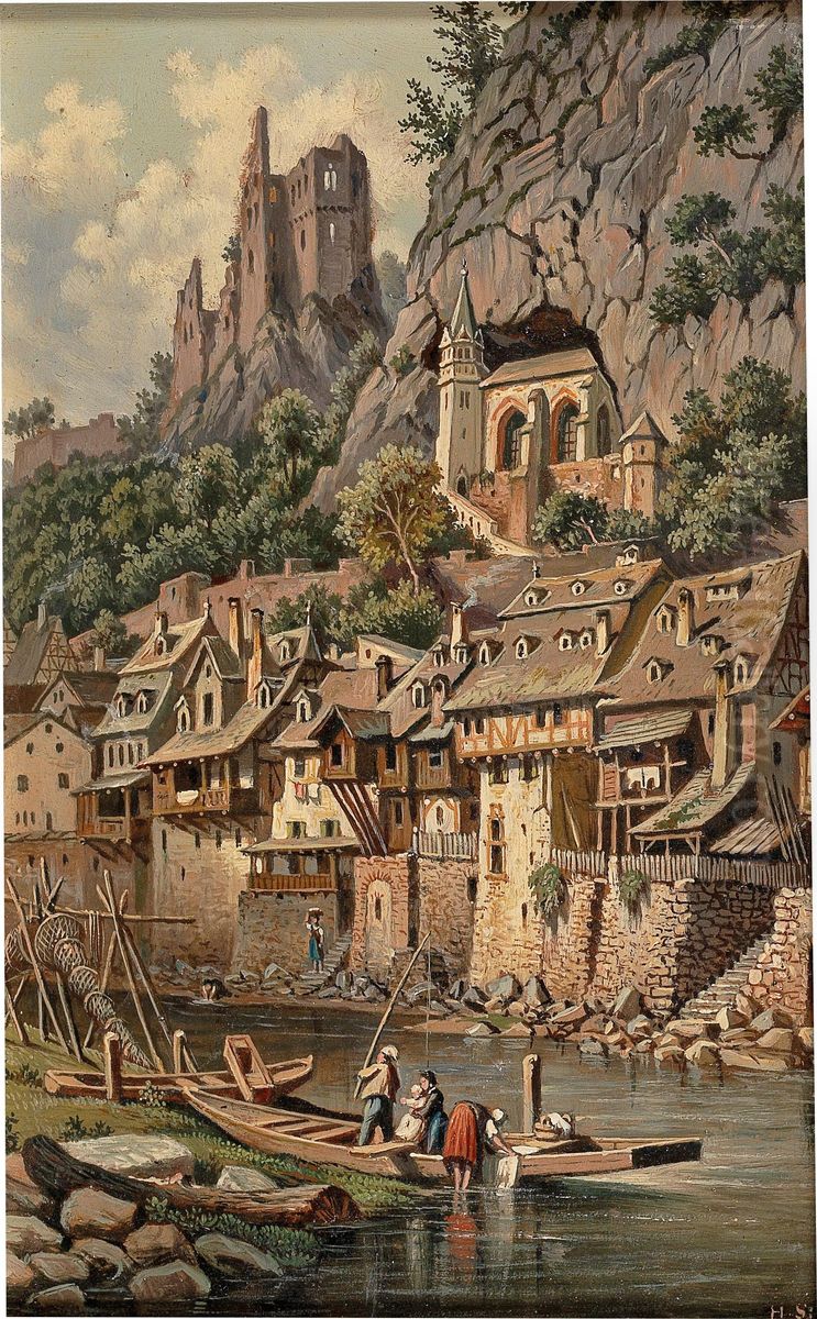 View Of The Rock Church And Castle Ruins In Idar-oberstein Oil Painting by Hubert Sattler