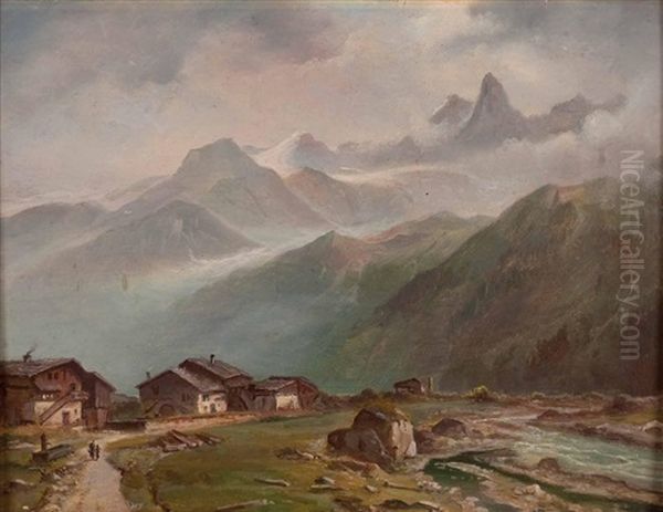 Bauernhauser, Im Hintergrund Das Montblanc-massiv Oil Painting by Hubert Sattler