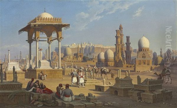 View Of Cairo, The Citatel With The Mamluk Tombs In The Foreground Oil Painting by Hubert Sattler