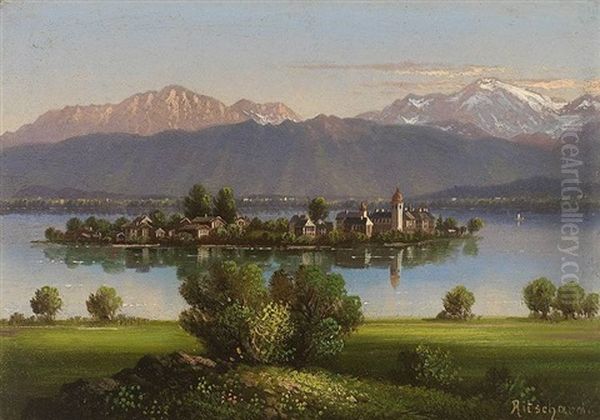 Blick Auf Die Insel Frauenchiemsee Vor Gebirgshintergrund Oil Painting by Hubert Sattler