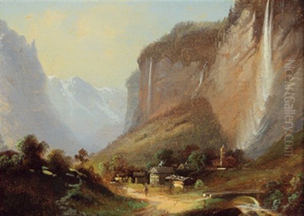 Blick Auf Den Staubbachfall Im Lauterbrunnental, Schweiz Oil Painting by Hubert Sattler