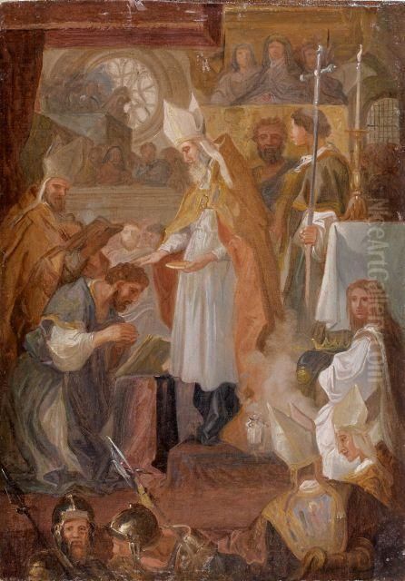 Saint Remy Donnant L'onction A Clovis Oil Painting by Sebastian Bourdon