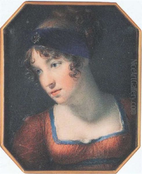 A Lady Wearing Rust-coloured Dress With Blue Trim, Matching Waistband And White Underslip, Her Hair Upswept And Dressed With A Bejewelled Blue Bandeau Oil Painting by Saunders, George Lethbridge
