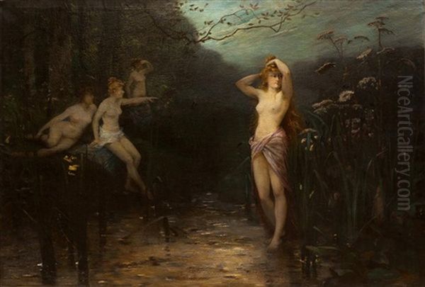 Le Bain Des Nymphes Oil Painting by Octave Alfred Saunier