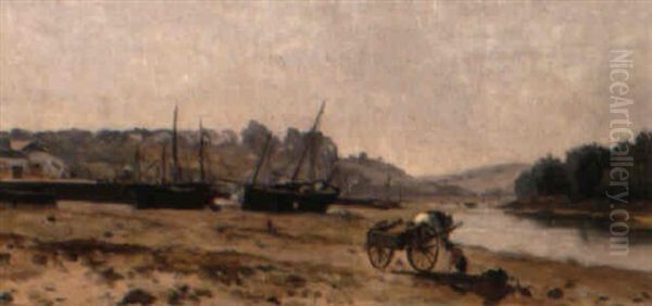 Franzosische Fluslandschaft Mit Angelandeten Booten Oil Painting by Adrien Jacques Sauzay