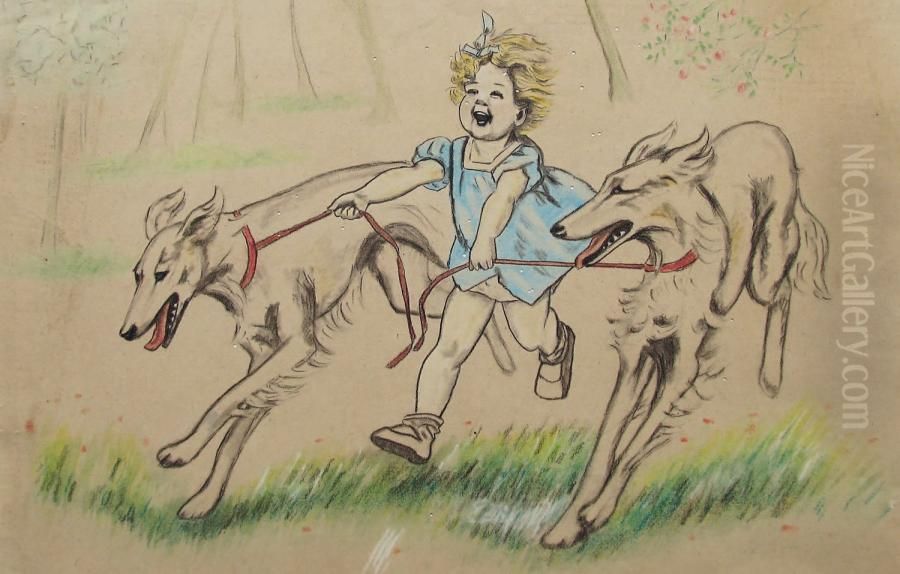 La Petite Fille Et Les Levriers Oil Painting by Germaine Bouret