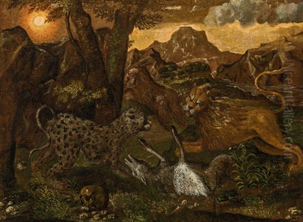 Lion And Leopard Hunting Down A Sheep Oil Painting by Hans Savery the Younger