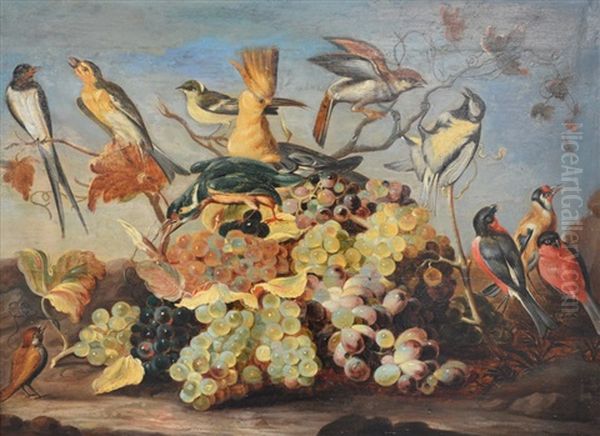 A Still-life With Bunches Of Grapes And Various Exotic Birds Oil Painting by Roelandt Savery