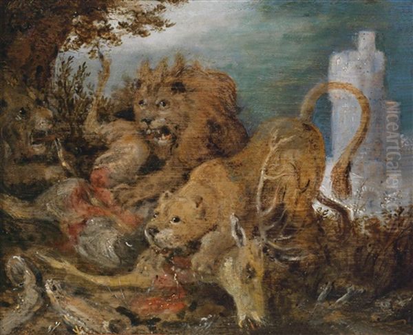 Lowen Einen Hirsch Reisend Oil Painting by Roelandt Savery