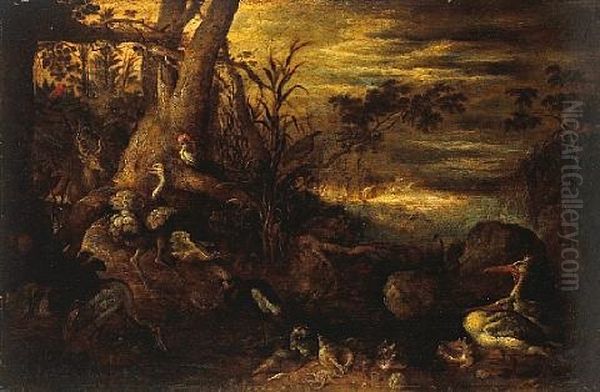A Wooded Landscape With An Exotic Menagerie Oil Painting by Roelandt Savery