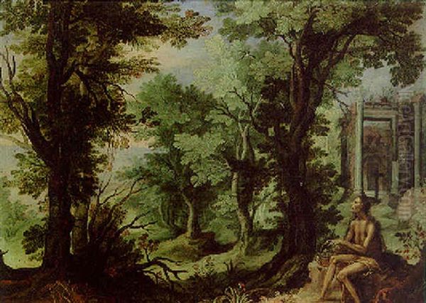 Saint Mary Of Egypt In A Wooded Landscape, Classical Ruins Beyond Oil Painting by Roelandt Savery