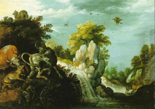 Rocky River Landscape With Two Bulls And A Fox Fighting, Other Animals Beyond Oil Painting by Roelandt Savery