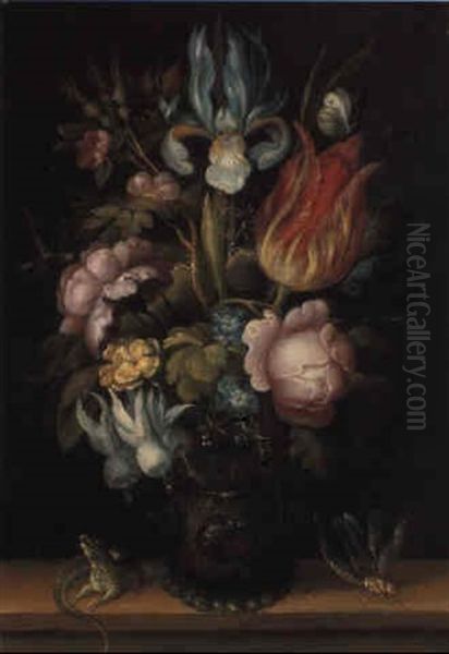 An Iris, Tulip And Other Flowers In A Roemer With Insects On A Wooden Ledge Oil Painting by Roelandt Savery
