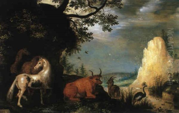 Tiere In Einer Bewaldeten Flusslandschaft Oil Painting by Roelandt Savery