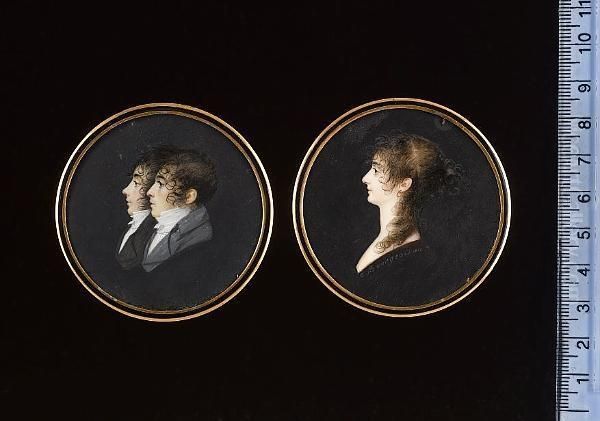 A Double-sided Portrait; A Girl, Profile To The Left, Her Hair Partially Upswept In A Loose Bun, With Curls Falling Over Her Shoulder; Charles-tristan And Louis-desire De Montholon Side By Side, Profile To The Left, Wearing Black Coat The Other Wearing Bl Oil Painting by Charles Guillaume Alexandre Bourgeois