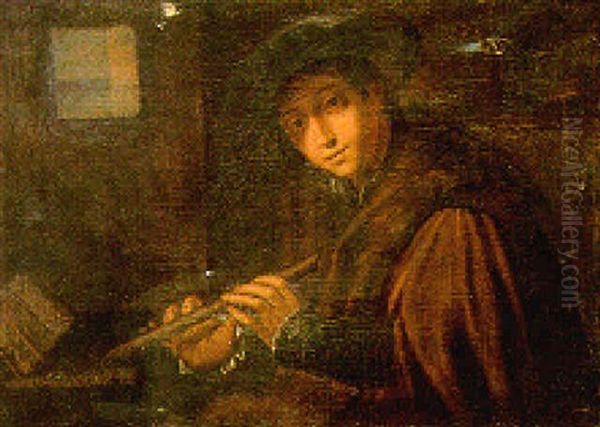 A Young Man With A Soprano Recorder Oil Painting by Giovanni Girolamo Savoldo