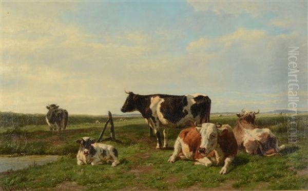 Cattle And Sheep In A Sunlit Field Oil Painting by Hendrik Savry