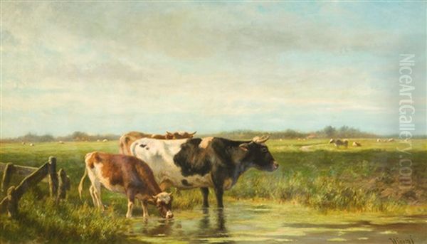Kuhe An Der Tranke Oil Painting by Hendrik Savry