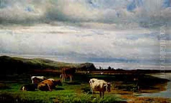 Cattle And A Cowherd Boy On A Riverbank Oil Painting by Hendrik Savry