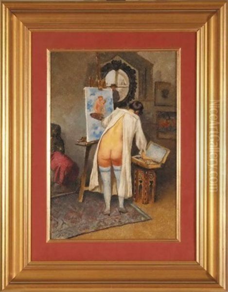 Podgladajac Malarke Oil Painting by Stanislaw Sawiczewski