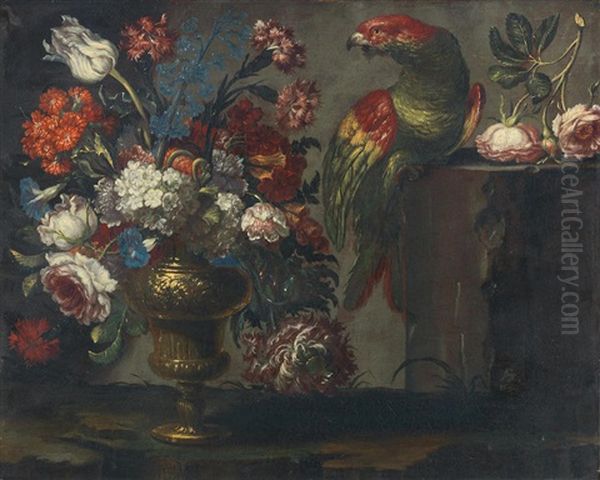 A Still Life Of Flowers In A Gilt Vase With A Parrot Oil Painting by Andrea Scacciati I