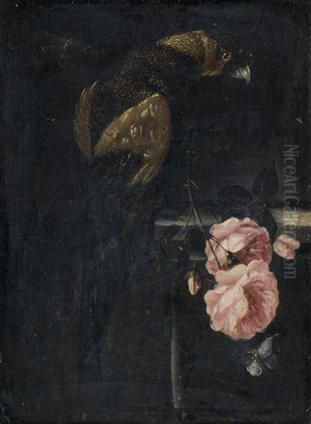A Parrot On A Stone Ledge With Roses And A Butterfly Oil Painting by Andrea Scacciati I